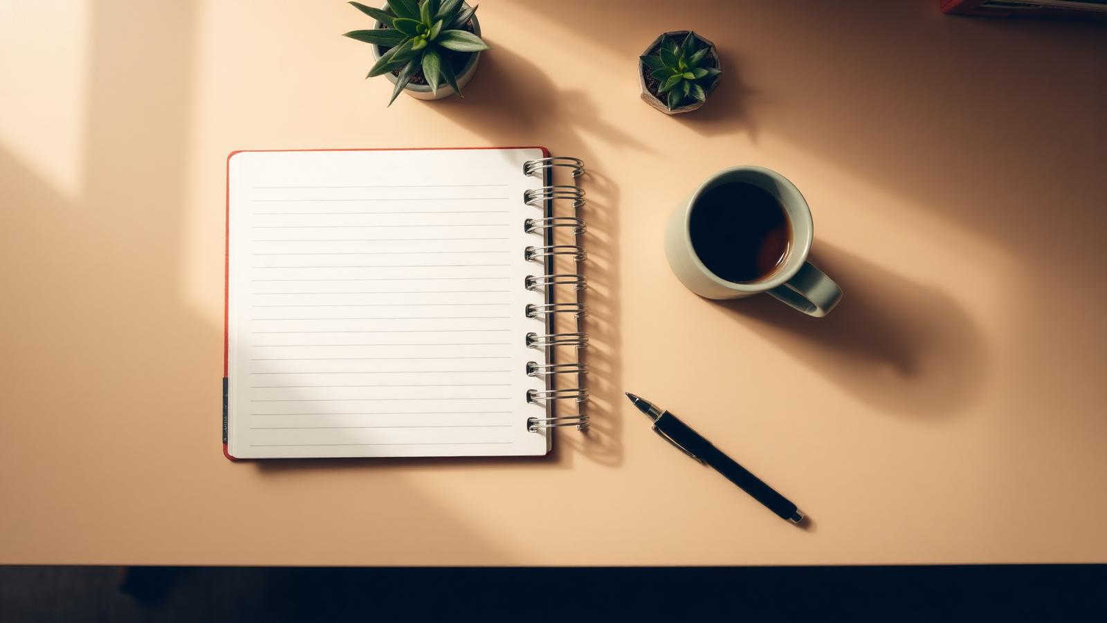 Notebook, coins and coffee on a desk laid out for planning a household budget